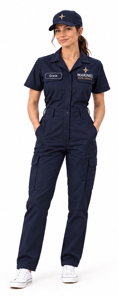 Marinel everyday uniform: navy short-sleeve overall with gold star, name badge and navy cap