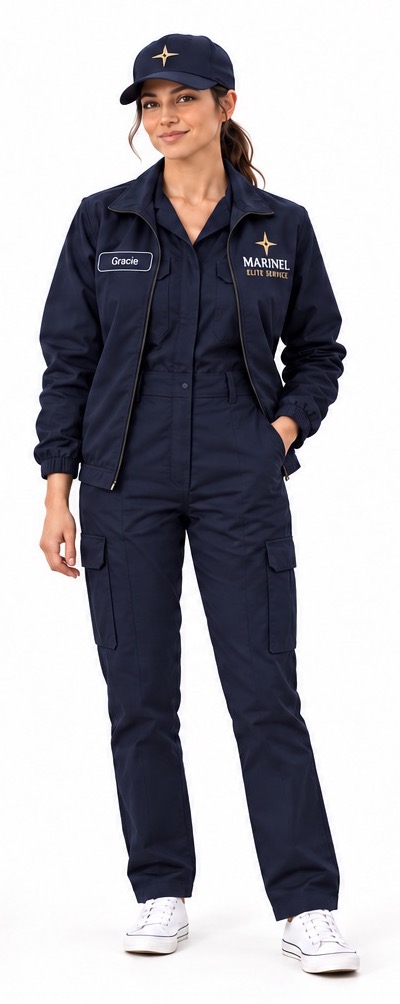 Marinel jacket uniform: navy zip jacket with gold star over the overall, with navy cap